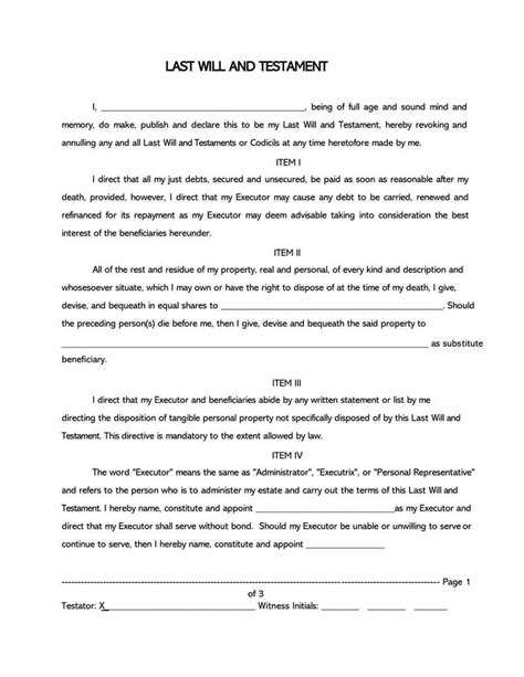 Microsoft Word Printable Simple Last Will And Testament Forms