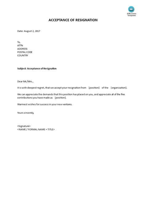 Acceptance Of Resignation Letter Templates At