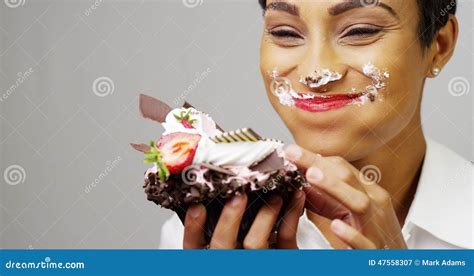 Black Woman Eating A Huge Fancy Dessert Stock Image Image