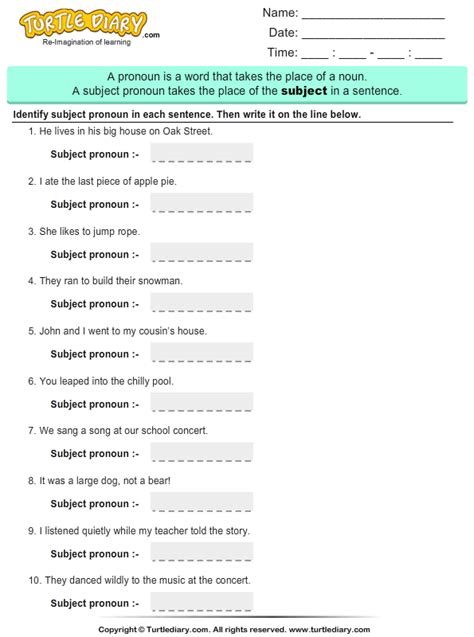 Identifying Subject Pronouns in Sentences Worksheet - Turtle Diary