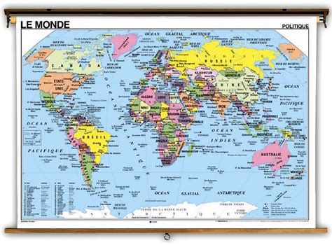 French Language World Political And Physical Classroom Map On Spring Roller
