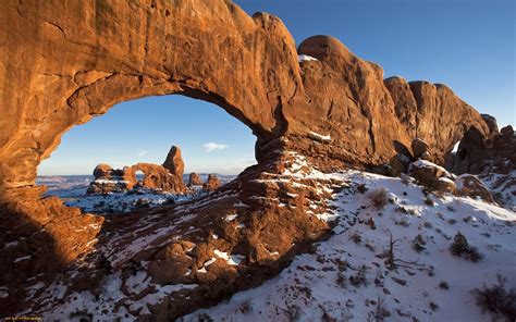 Landscape Rock Formation Arch Snow Utah Wallpapers Hd