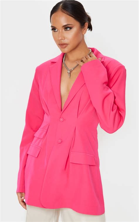 hot pink woven cinched shoulder padded blazer prettylittlething ie