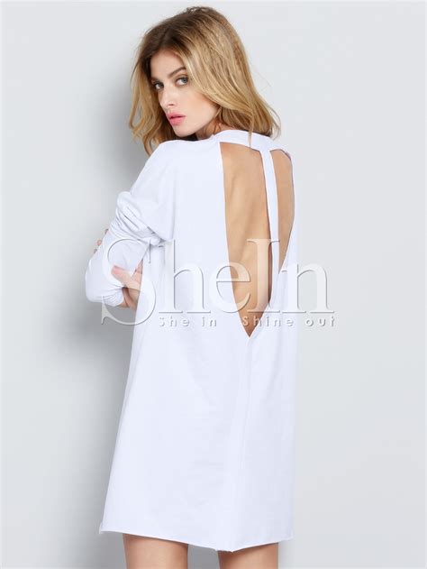 White Long Sleeve Backless Dress Sheinsheinside