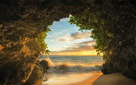 Cave Sea Landscape Beach Maui Sand Sunset Clouds Shrubs Island