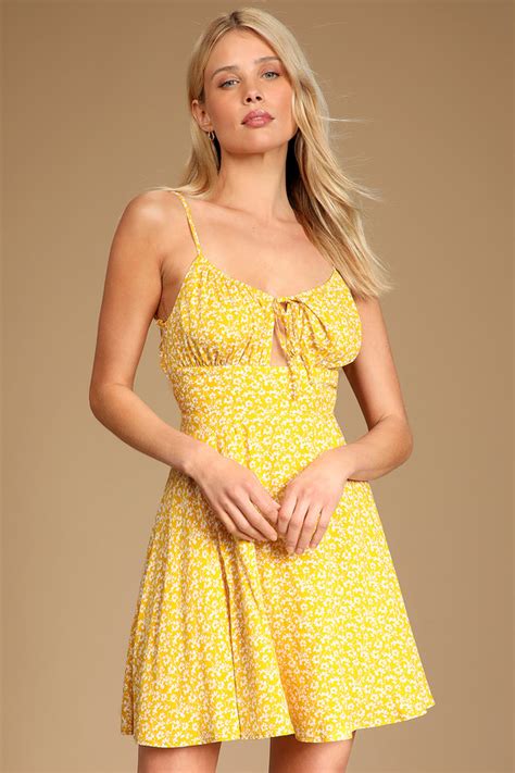 Yellow Floral Print Dress Tie Back Mini Dress Empire Waist Lulus