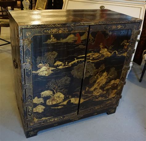 18th C Chinese Black Lacquered Cabinet With Chinoiserie And Gilt Decoration