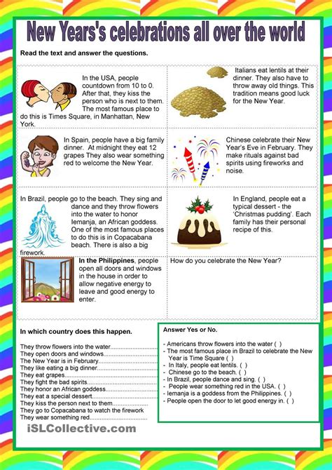 New Years Celebration Reading Comprehension For Kids Holiday Lesson