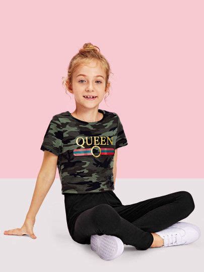 Girls Camo Letter Print Top And Pants Set Sheinsheinside Tween Fashion Girls Fashion Clothes