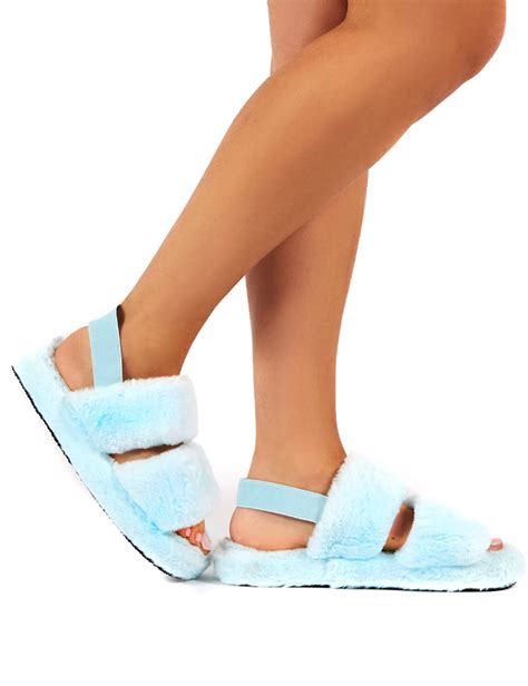 Lullaby Blue Fluffy Strap Back Slippers Public Desire