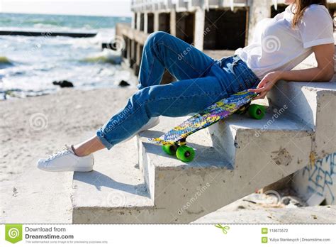 Woman With A Skateboard On A Beach Stock Photo Image Of Boho Ocean