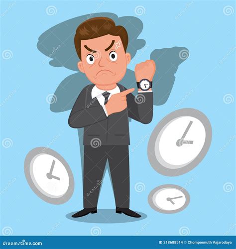 Angry Businessman Pointing Watch Asking Punctuality Wants Be Time Stock