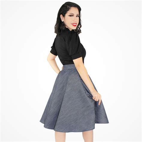 Vintage Inspired Circle Skirt Flowy Denim Skirt With Pockets Etsy