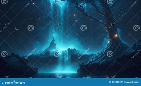 Enchanting Bioluminescent Forest With Shimmering Fireflies Stock