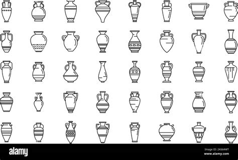 Amphora Icons Set Outline Vector Vase Pottery Greek Jar Stock Vector