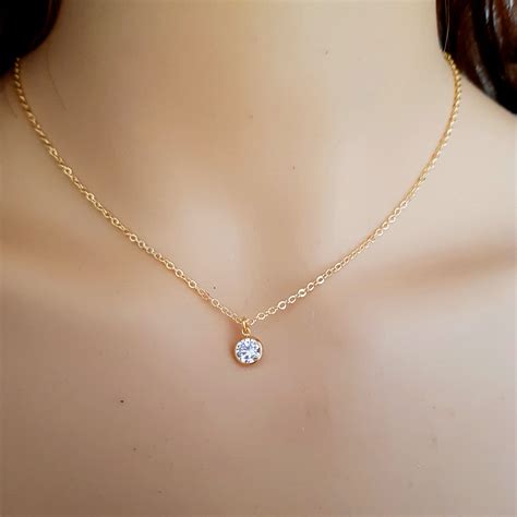 Tiny Gold Fill Cz Diamond Necklace Choker Clear Cubic Zirconia Pendant Stacking Gold Layering