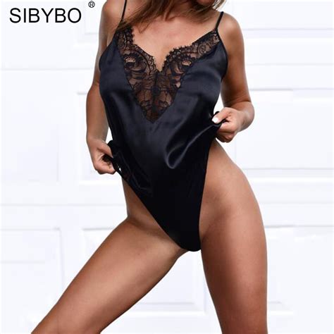 Sibybo Lace Patchwork Spaghetti Strap Bodysuit Women Sexy V Neck Sleeveless Skinny Rompers