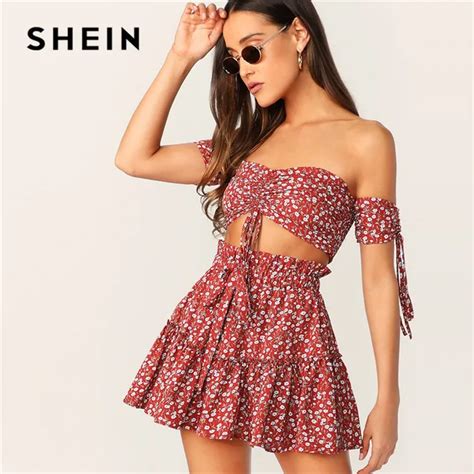 Shein Boho Ruched Front Shirred Crop Top And Ditsy Floral Skirt Set