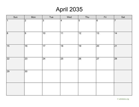 April 2035 Calendar With Weekend Shaded
