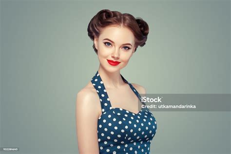 Pin Up Girl Vintage Beautiful Woman Pinup Style Portrait In Retro Dress And Makeup Red Lipstick