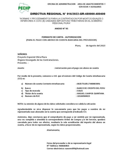 Anexo 05 Carta De Autorizacion De Pago Cci Ing Campos Pdf