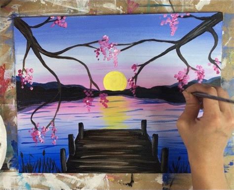 How To Paint A Sunset Lake Pier Sunset Canvas Painting
