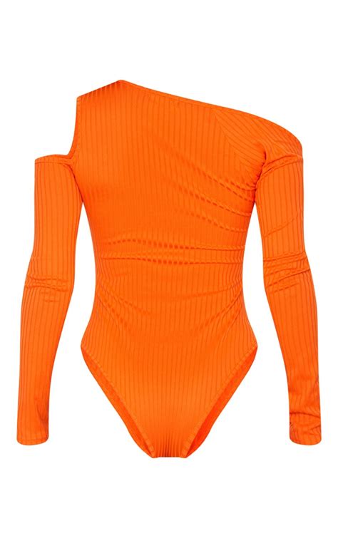Orange Rib Cut Out Long Sleeve Bodysuit Prettylittlething Usa