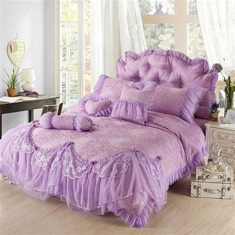 Luxury Purple Jacquard Silk Princess Bedding Set 4pc Silk Lace Ruffles Duvet Cover Bedspread