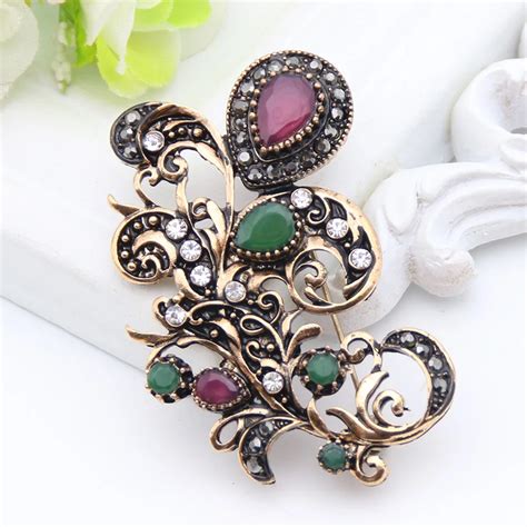 Wholesale Turkish Feather Brooches Women Jewelry Retro Gold Color Flower Resin Broches Brooch