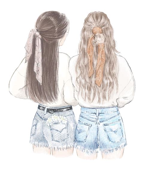 Zwei Mädchen Beste Freunde In Sweatshirts Und Jeans Shorts Handgezeichnete Illustration
