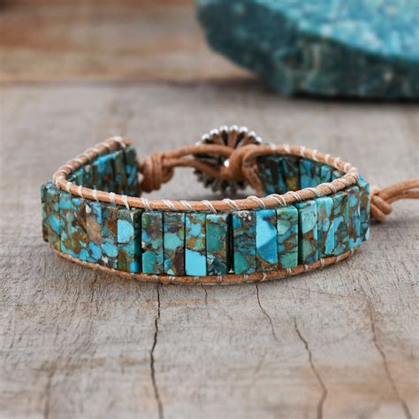 Cuboid Copper Turquoise Wrap Bracelet Genuine Turquoise Beads Etsy