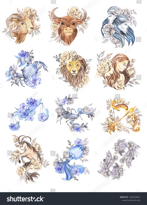 Zodiac Signs Set Watercolor Astrology Illustration Stock Illustration