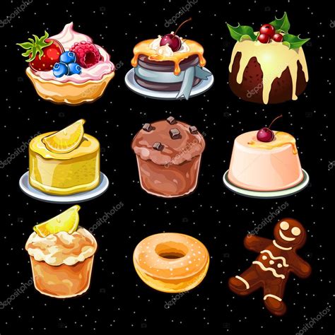 Set Of 9 Desserts Icons On A Black Background Stock Vector Image By