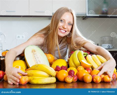 Happy Girl With Heap Of Various Fruits Stock Image Image Of Heap