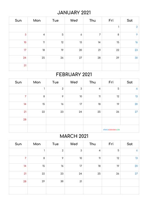 January February March 2021 Calendar Printable Free Q1 Q2 Q3 Q4