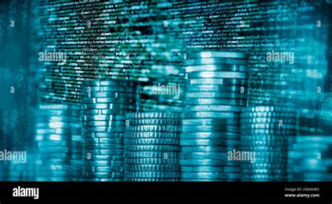 Stack Of Coins Against A Background With Program Code And Matrix Stock