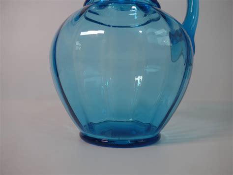 Vintage Blue Glass Frilly Edge Pitcher Large Heavy Blue Pitcher Water Or Lemonade Pitcher
