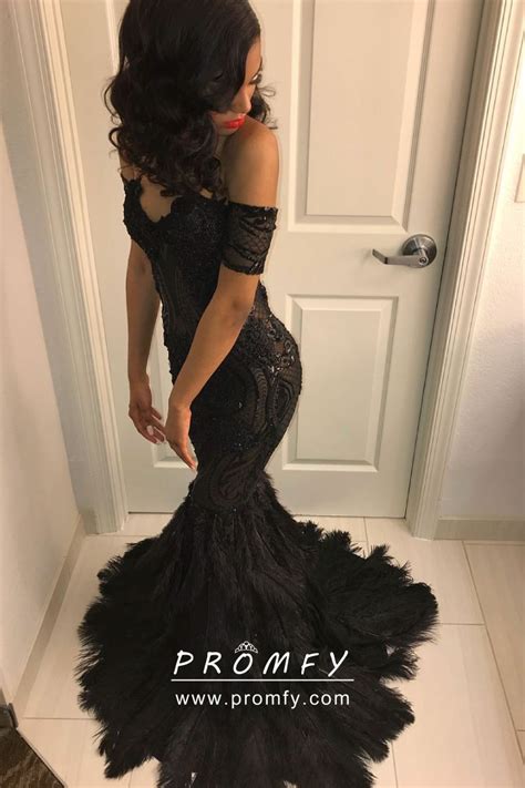 Sparkly Black Sequin And Feather Off The Shoulder Mermaid Formal Prom