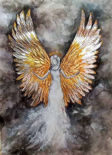 Watercolor Angel Gold Silver Angel Wings Abstract White