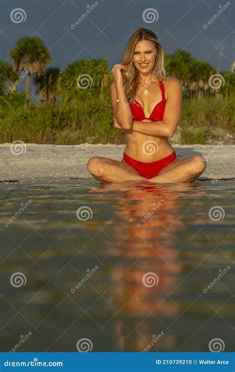 Lovely Blonde Bikini Model Posing Outdoors On A Caribbean Beach Stock Photo Image Of Gorgeous