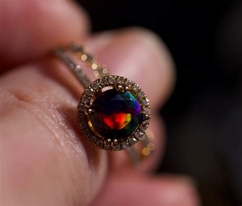 Gold Opal Ring Black Opal Halo Diamond Paved Band Bridal Etsy