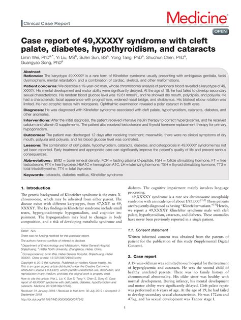 Pdf Case Report Of 49xxxxy Syndrome With Cleft Palate Diabetes Hypothyroidism And Cataracts