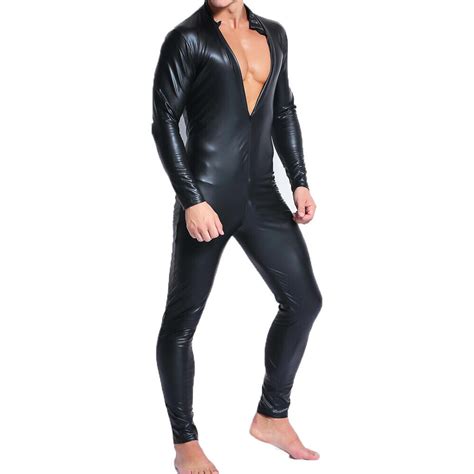 Mens Full Body Leotard Long Sleeves Unitard Black Faux Leather Bodysuit
