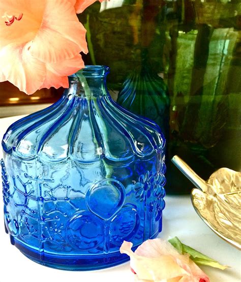 Vintage Cornflower Blue Pressed Art Glass Bottle Vase Etsy Glass Bottles Art Glass Art