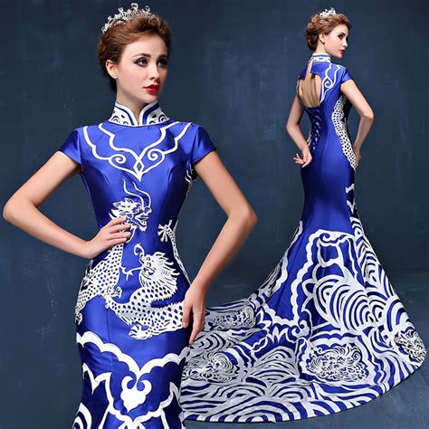 Buy Luxury Royal Blue Backless Cheongsam Qipao Dresses