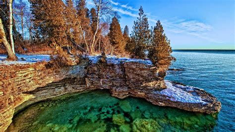 1920x1080 Shore Lake Michigan Rocks Trees Lake Michigan