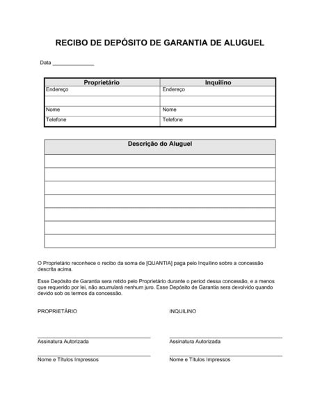 Recibo De Depósito De Garantia De Concessão Documentos E Formulários