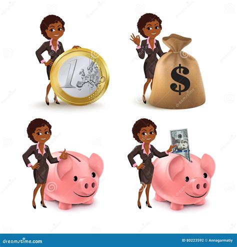 Cartoon African American Business Woman Money Set Stock Vector