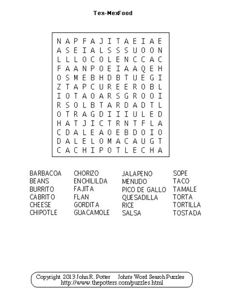 Johns Word Search Puzzles Kids Tex Mex Food