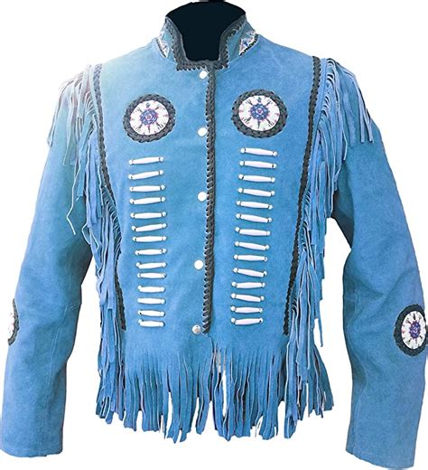 Western Men Fashion Native America Suede Fringes Jacket Beaded Bones